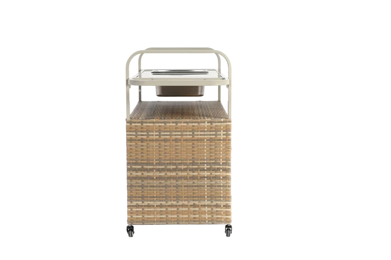 Chariot de table d’extérieur en rotin beige avec plateau acier, roulettes verrouillables, seau à glace COBALTIS