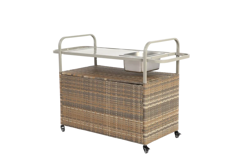 Chariot de table d’extérieur en rotin beige avec plateau acier, roulettes verrouillables, seau à glace COBALTIS