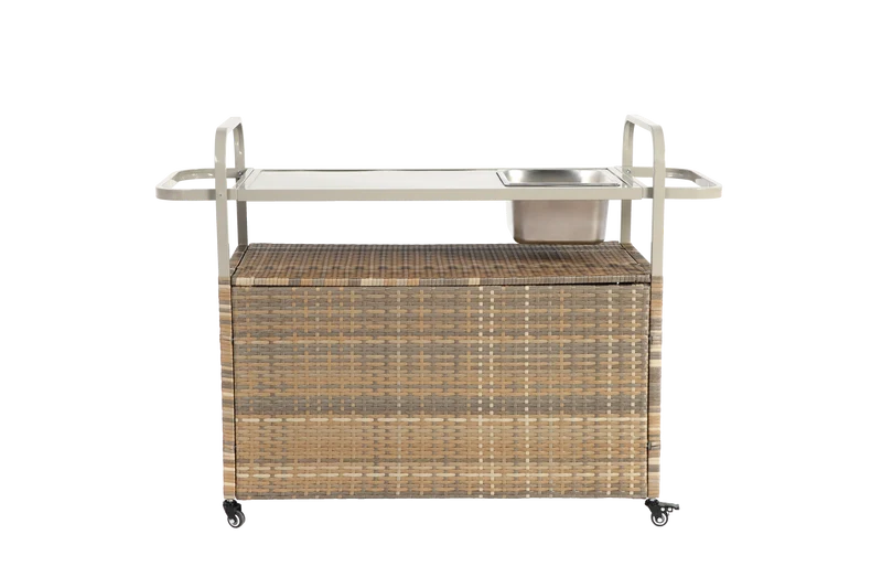 Chariot de table d’extérieur en rotin beige avec plateau acier, roulettes verrouillables, seau à glace COBALTIS