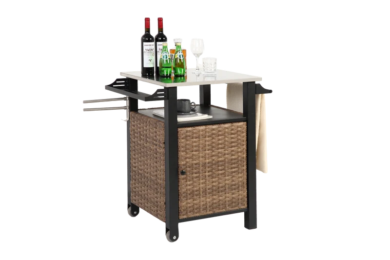 Chariot de bar extérieur en rotin marron avec plan de travail inox, roulettes, 1 porte ARISEEX