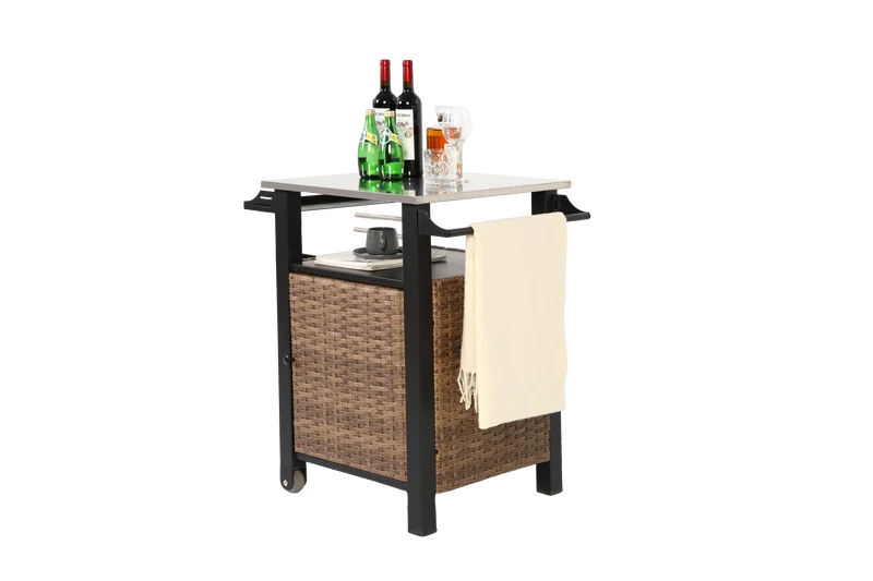 Chariot de bar extérieur en rotin marron avec plan de travail inox, roulettes, 1 porte ARISEEX