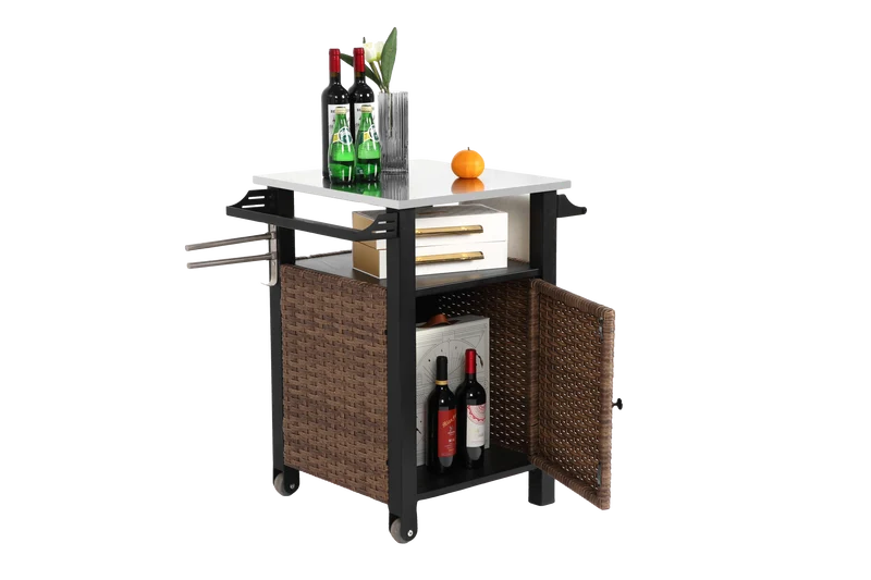 Chariot de bar extérieur en rotin marron avec plan de travail inox, roulettes, 1 porte ARISEEX