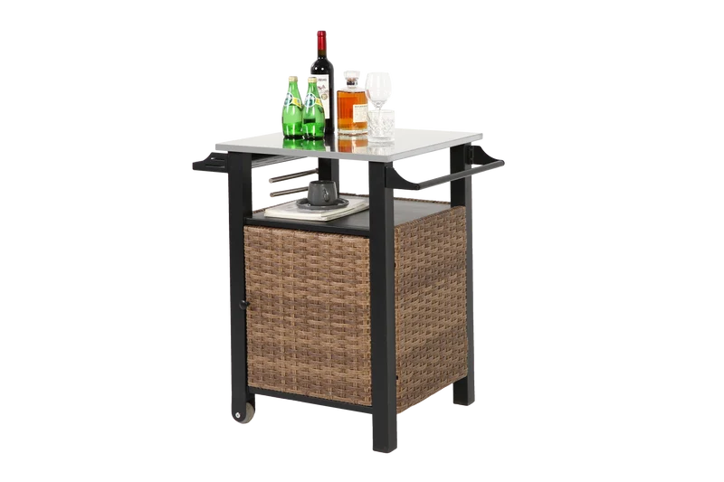Chariot de bar extérieur en rotin marron avec plan de travail inox, roulettes, 1 porte ARISEEX