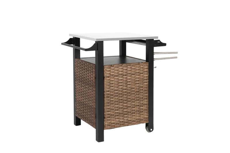 Chariot de bar extérieur en rotin marron avec plan de travail inox, roulettes, 1 porte ARISEEX