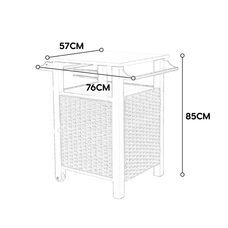Chariot de bar extérieur en rotin marron avec plan de travail inox, roulettes, 1 porte ARISEEX