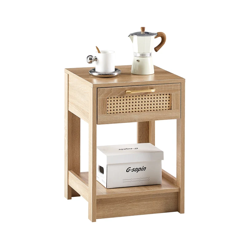 Table de chevet effet bois en rotin moderne avec tiroir 40x40x55 cm LYRICINE