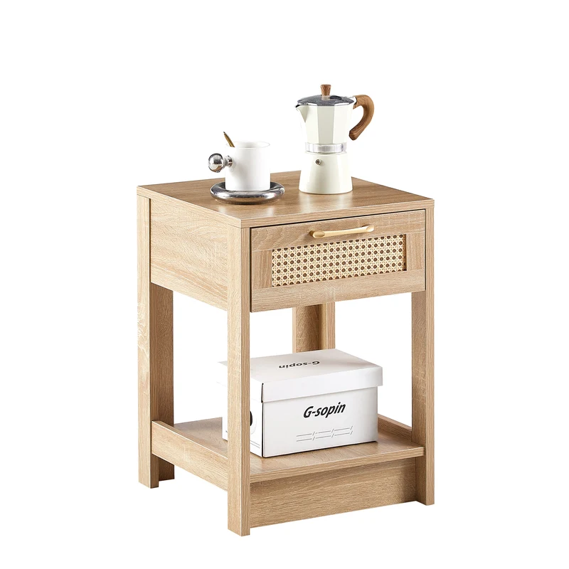 Table de chevet effet bois en rotin moderne avec tiroir 40x40x55 cm LYRICINE