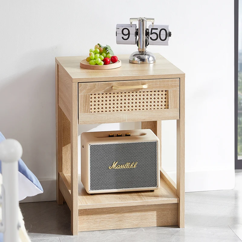 Table de chevet effet bois en rotin moderne avec tiroir 40x40x55 cm LYRICINE