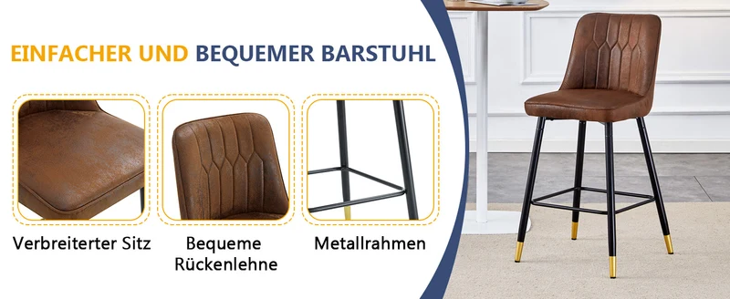 Ensemble de 2 tabourets de bar tissu marron, pied métal noir et repose pieds, hauteur d'asssie 68cm CLARITYLCA