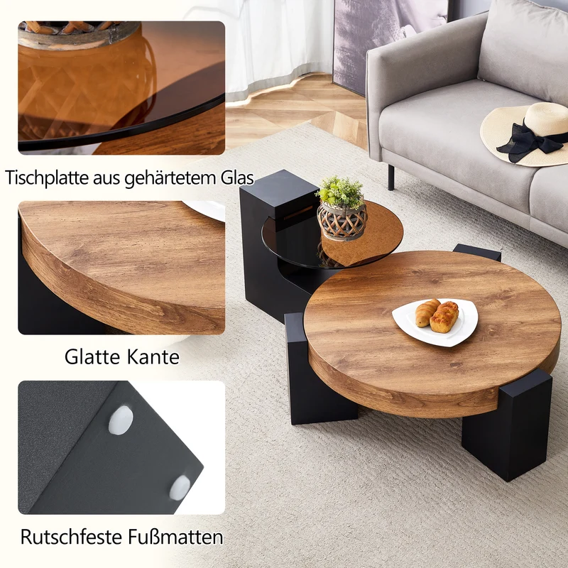 Table basse ronde moderne 2 niveaux effet bois et verre brun transparent, démontable CRESTLA