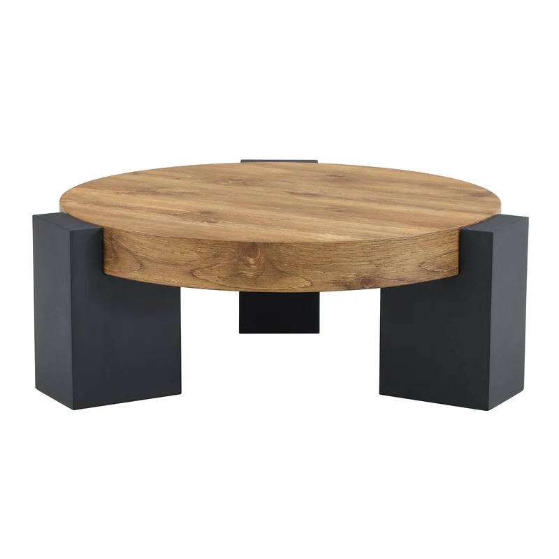 Table basse ronde moderne 2 niveaux effet bois et verre brun transparent, démontable CRESTLA
