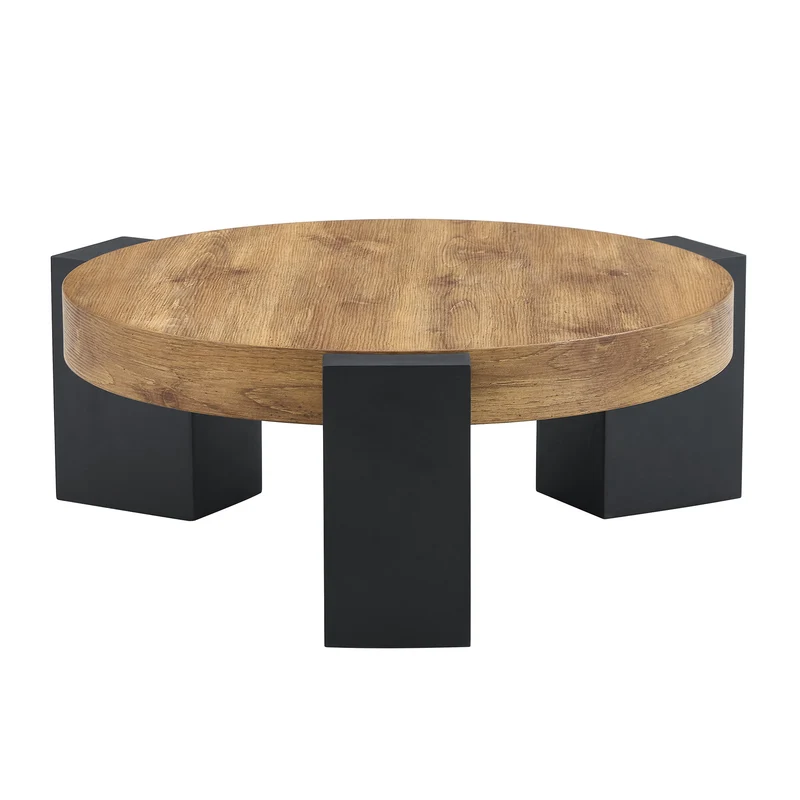 Table basse ronde moderne 2 niveaux effet bois et verre brun transparent, démontable CRESTLA