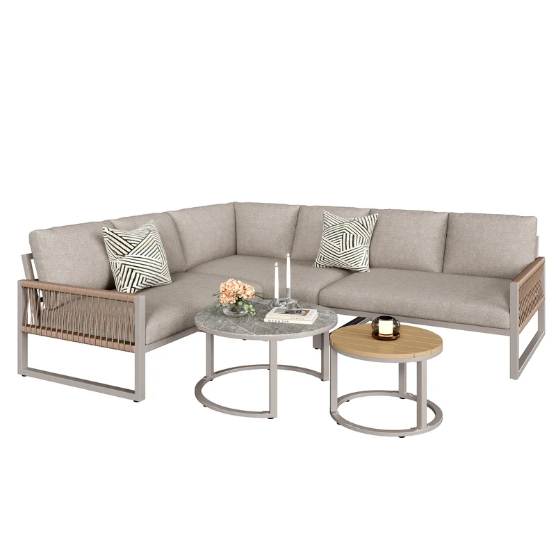 Salon de jardin canapé d’angle 6-7 personnes, coussins beige inclus, 2 tables basses gigognes verre marbre VIVIDLA