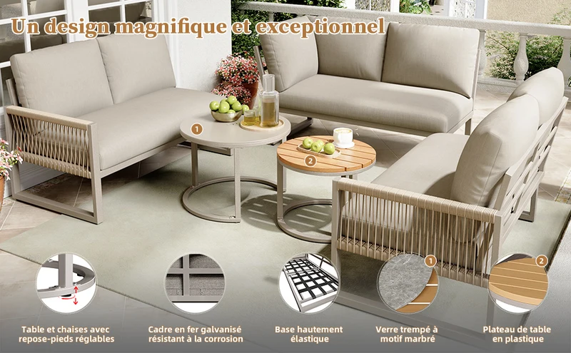 Salon de jardin canapé d’angle 6-7 personnes, coussins beige inclus, 2 tables basses gigognes verre marbre VIVIDLA