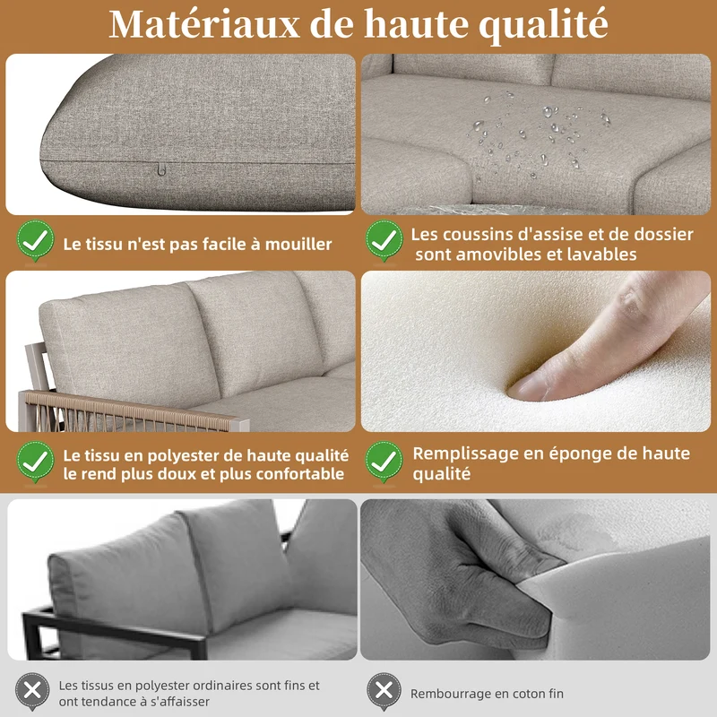 Salon de jardin canapé d’angle 6-7 personnes, coussins beige inclus, 2 tables basses gigognes verre marbre VIVIDLA