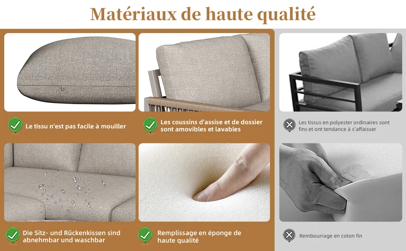 Salon de jardin canapé d’angle 6-7 personnes, coussins beige inclus, 2 tables basses gigognes verre marbre VIVIDLA
