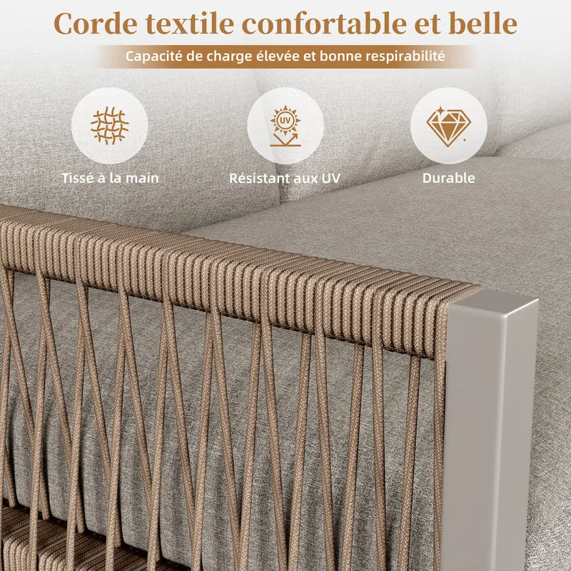 Salon de jardin canapé d’angle 6-7 personnes, coussins beige inclus, 2 tables basses gigognes verre marbre VIVIDLA