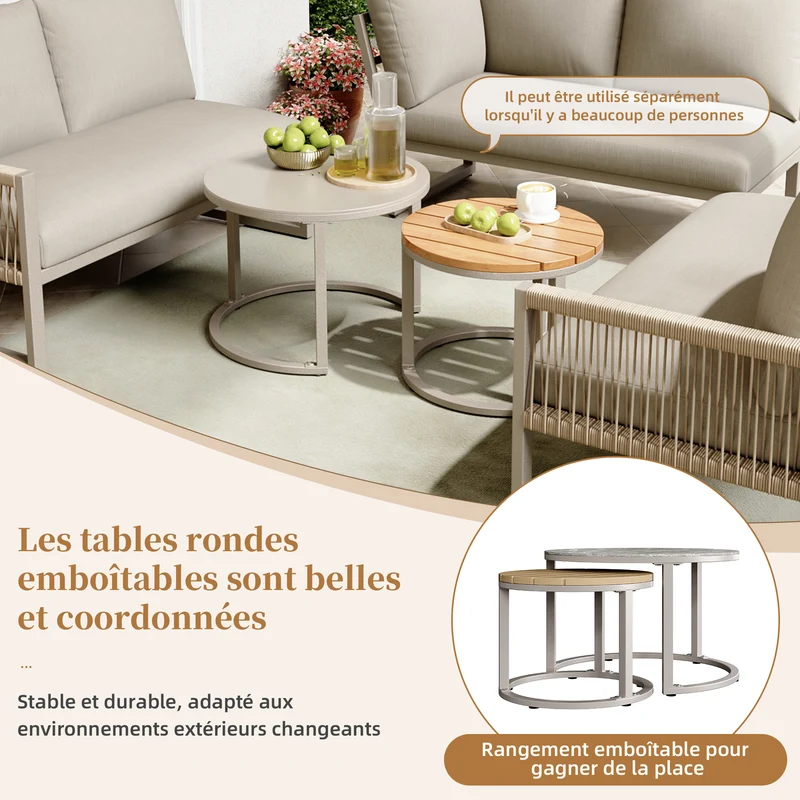 Salon de jardin canapé d’angle 6-7 personnes, coussins beige inclus, 2 tables basses gigognes verre marbre VIVIDLA