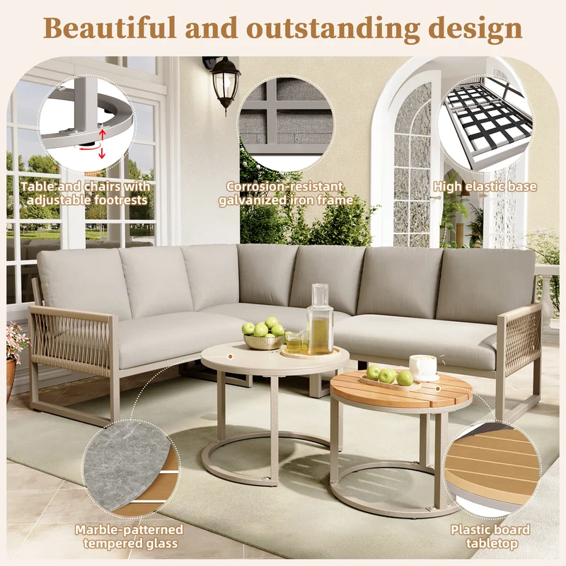 Salon de jardin canapé d’angle 6-7 personnes, coussins beige inclus, 2 tables basses gigognes verre marbre VIVIDLA
