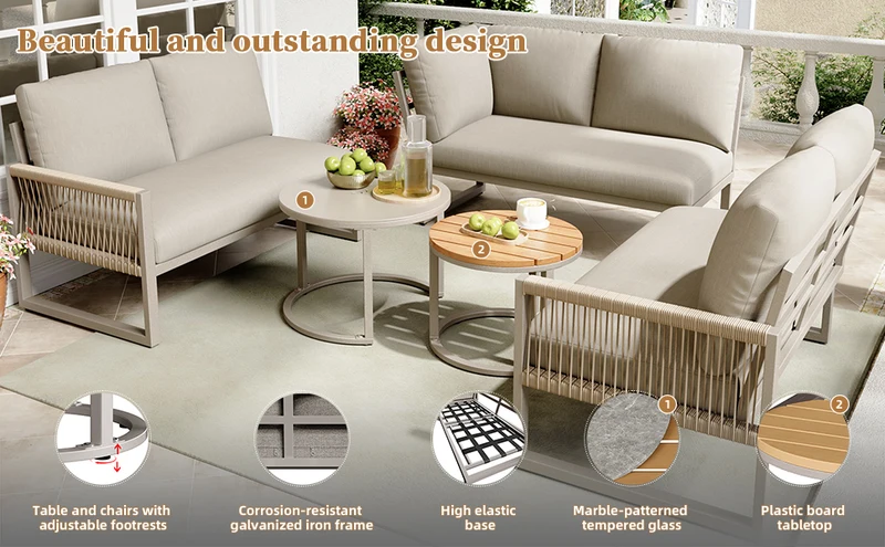 Salon de jardin canapé d’angle 6-7 personnes, coussins beige inclus, 2 tables basses gigognes verre marbre VIVIDLA