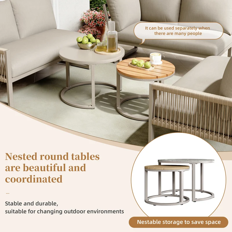 Salon de jardin canapé d’angle 6-7 personnes, coussins beige inclus, 2 tables basses gigognes verre marbre VIVIDLA