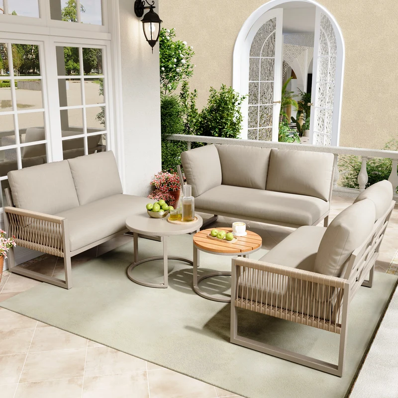 Salon de jardin canapé d’angle 6-7 personnes, coussins beige inclus, 2 tables basses gigognes verre marbre VIVIDLA