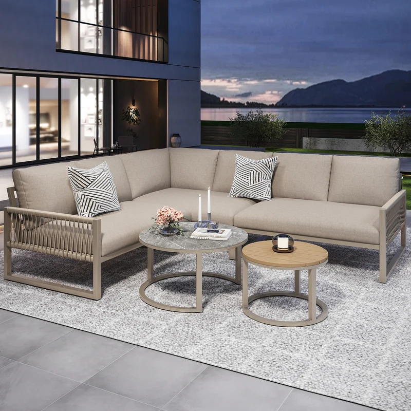 Salon de jardin canapé d’angle 6-7 personnes, coussins beige inclus, 2 tables basses gigognes verre marbre VIVIDLA
