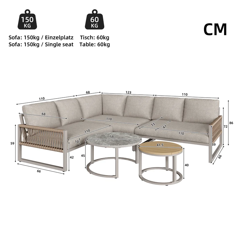 Salon de jardin canapé d’angle 6-7 personnes, coussins beige inclus, 2 tables basses gigognes verre marbre VIVIDLA