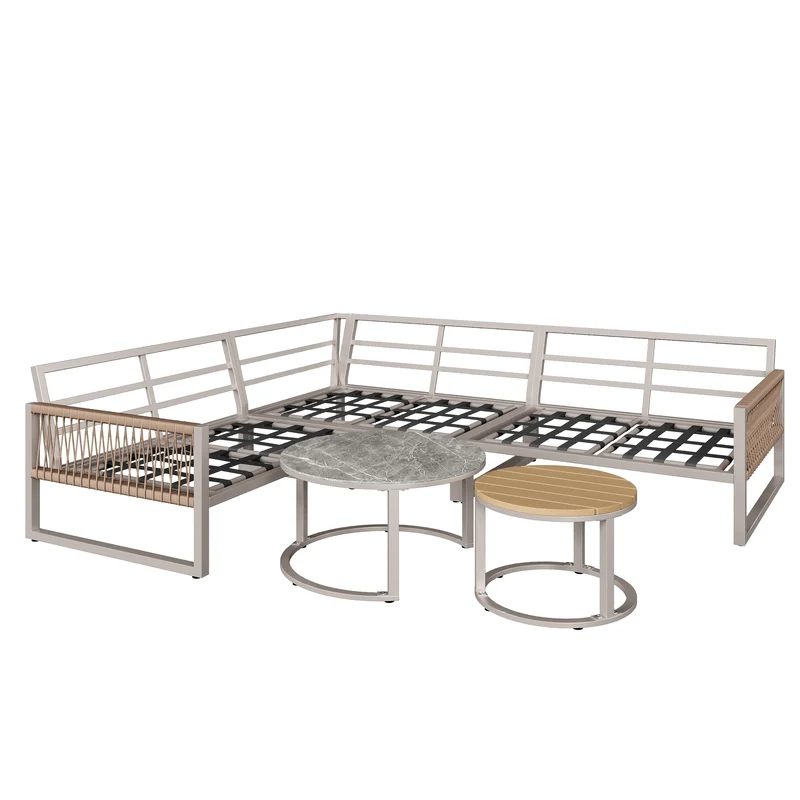Salon de jardin canapé d’angle 6-7 personnes, coussins beige inclus, 2 tables basses gigognes verre marbre VIVIDLA