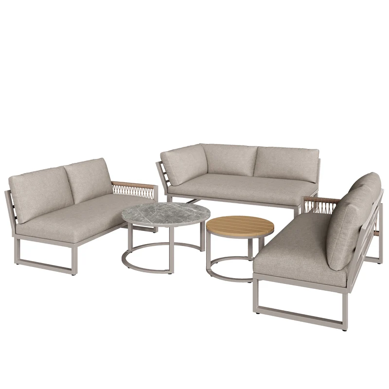Salon de jardin canapé d’angle 6-7 personnes, coussins beige inclus, 2 tables basses gigognes verre marbre VIVIDLA