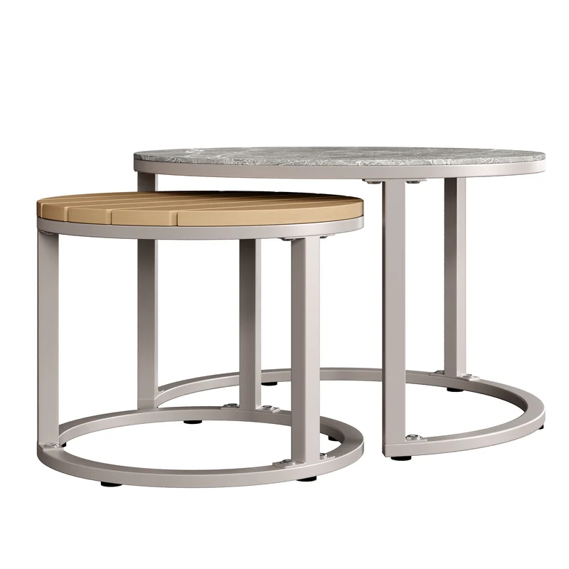 Salon de jardin canapé d’angle 6-7 personnes, coussins beige inclus, 2 tables basses gigognes verre marbre VIVIDLA