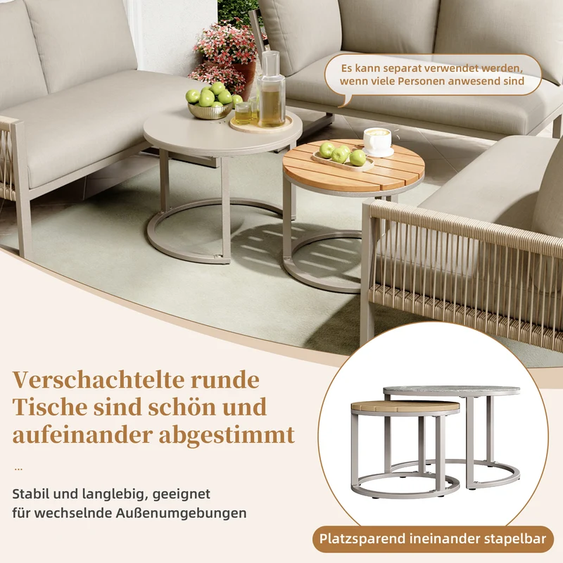 Salon de jardin canapé d’angle 6-7 personnes, coussins beige inclus, 2 tables basses gigognes verre marbre VIVIDLA