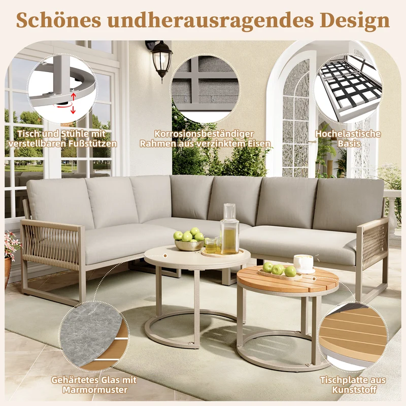 Salon de jardin canapé d’angle 6-7 personnes, coussins beige inclus, 2 tables basses gigognes verre marbre VIVIDLA