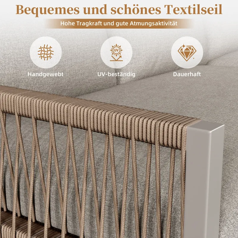 Salon de jardin canapé d’angle 6-7 personnes, coussins beige inclus, 2 tables basses gigognes verre marbre VIVIDLA