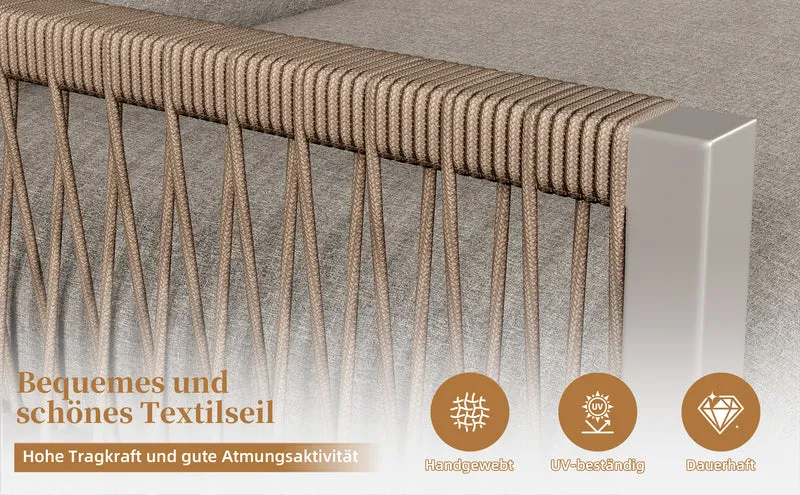 Salon de jardin canapé d’angle 6-7 personnes, coussins beige inclus, 2 tables basses gigognes verre marbre VIVIDLA