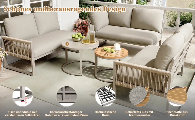 Salon de jardin canapé d’angle 6-7 personnes, coussins beige inclus, 2 tables basses gigognes verre marbre VIVIDLA