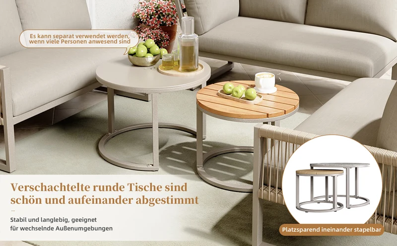 Salon de jardin canapé d’angle 6-7 personnes, coussins beige inclus, 2 tables basses gigognes verre marbre VIVIDLA