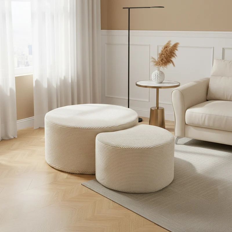Ensemble de 2 tables basses gigognes rondes rembourrées beige, sans montage ASTRAELLE