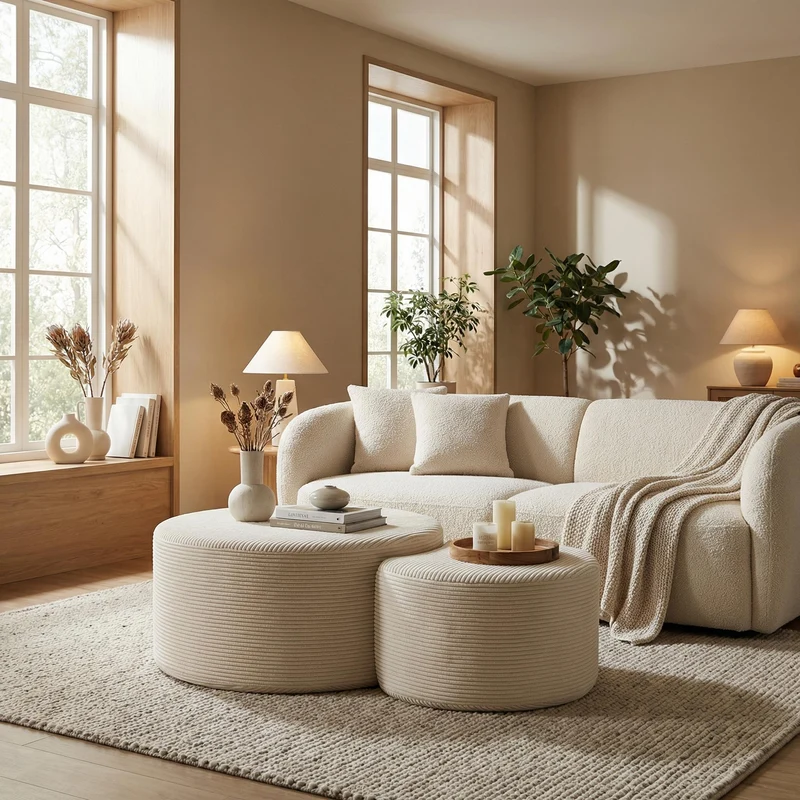 Ensemble de 2 tables basses gigognes rondes rembourrées beige, sans montage ASTRAELLE
