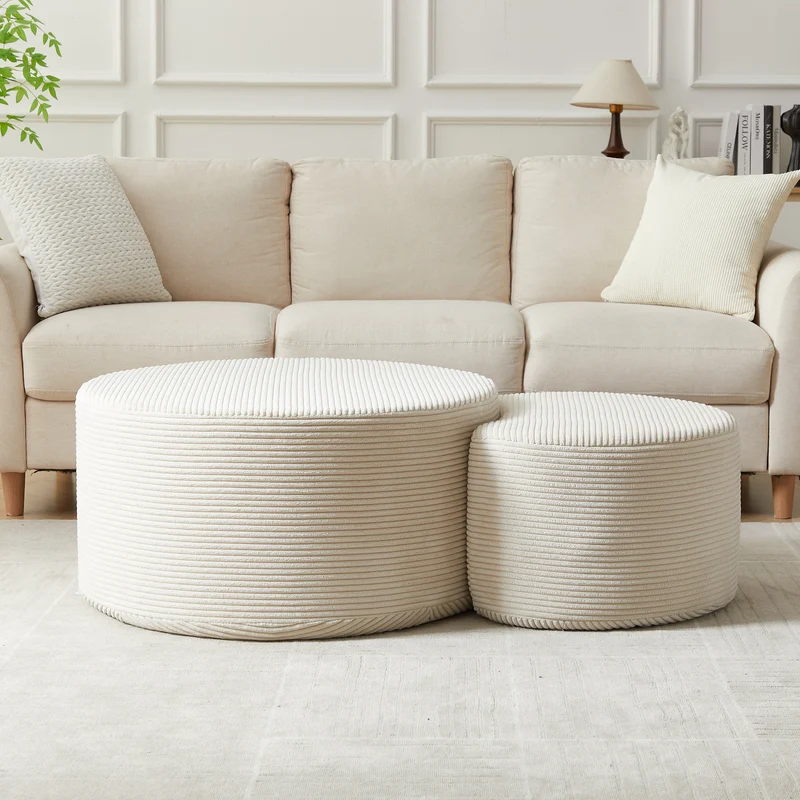 Ensemble de 2 tables basses gigognes rondes rembourrées beige, sans montage ASTRAELLE