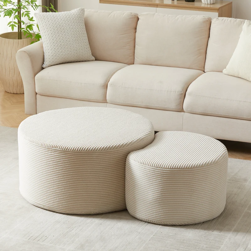 Ensemble de 2 tables basses gigognes rondes rembourrées beige, sans montage ASTRAELLE