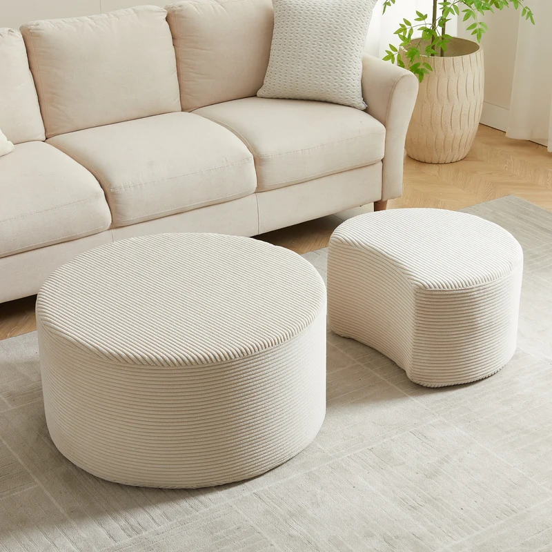 Ensemble de 2 tables basses gigognes rondes rembourrées beige, sans montage ASTRAELLE