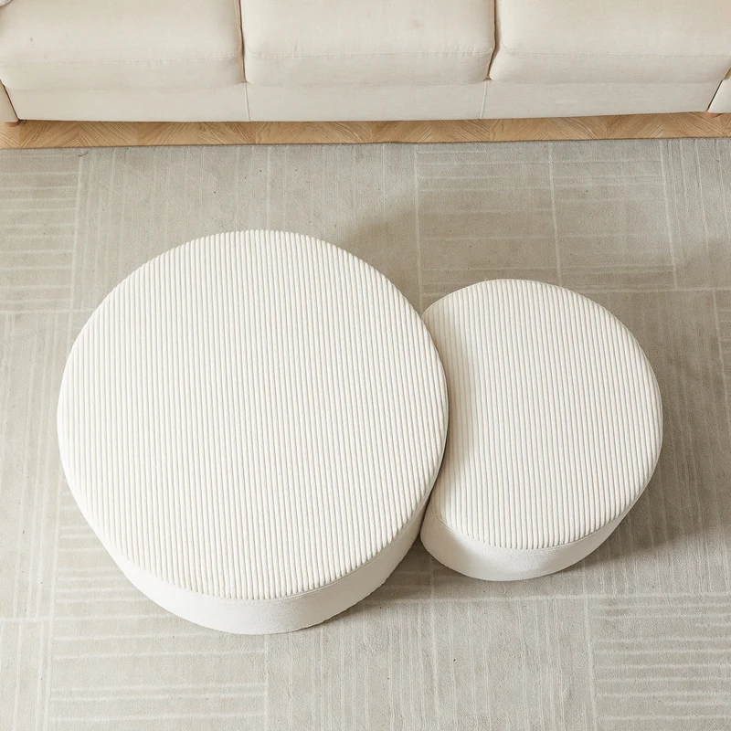 Ensemble de 2 tables basses gigognes rondes rembourrées beige, sans montage ASTRAELLE