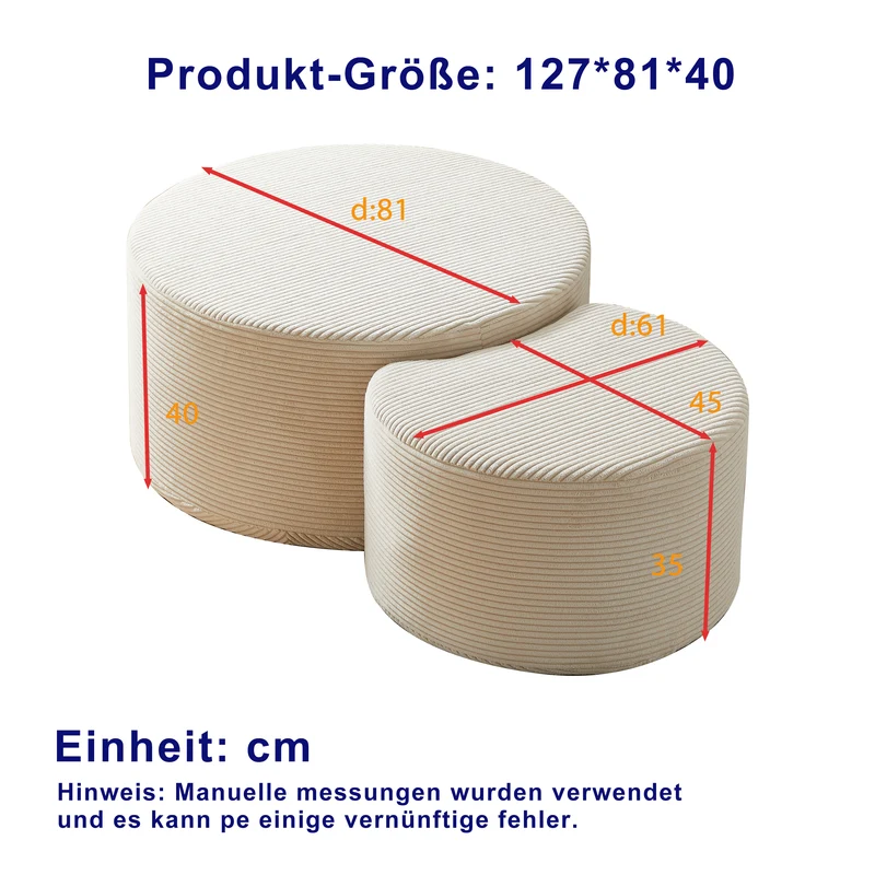 Ensemble de 2 tables basses gigognes rondes rembourrées beige, sans montage ASTRAELLE