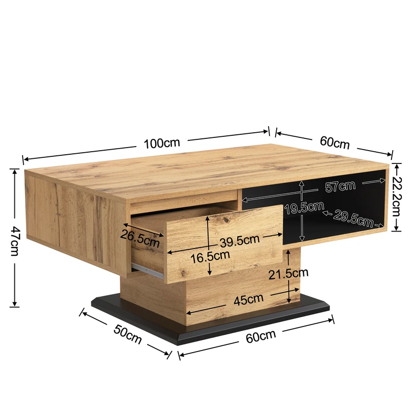 Table basse grain de bois avec rangement double face et tiroir 100x47x60 EINPHATH