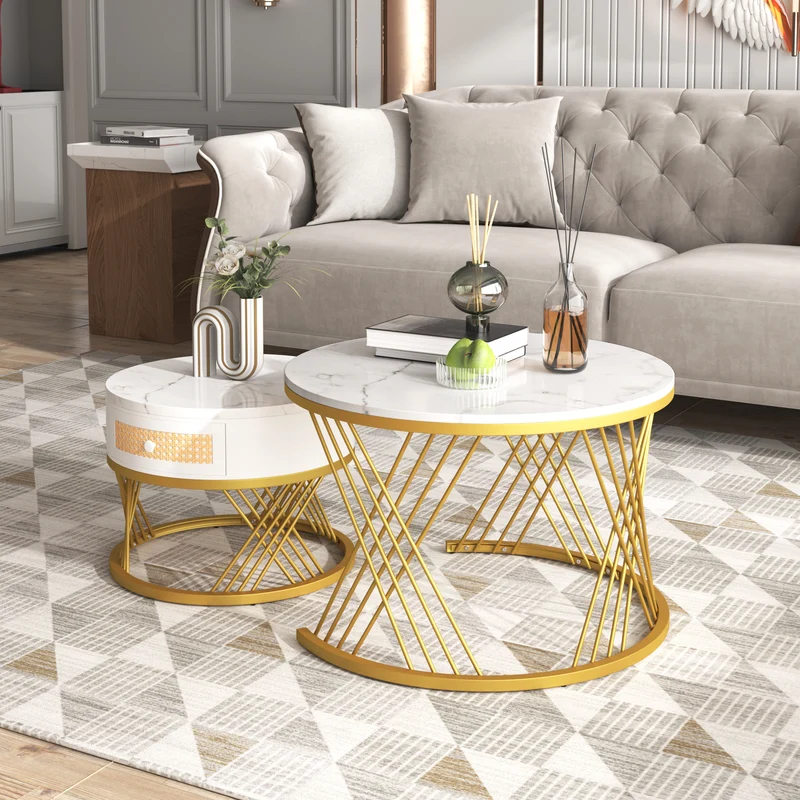 Ensemble de 2 tables basses gigognes rondes effet marbre blanc et rotin EGNIERS WHITE