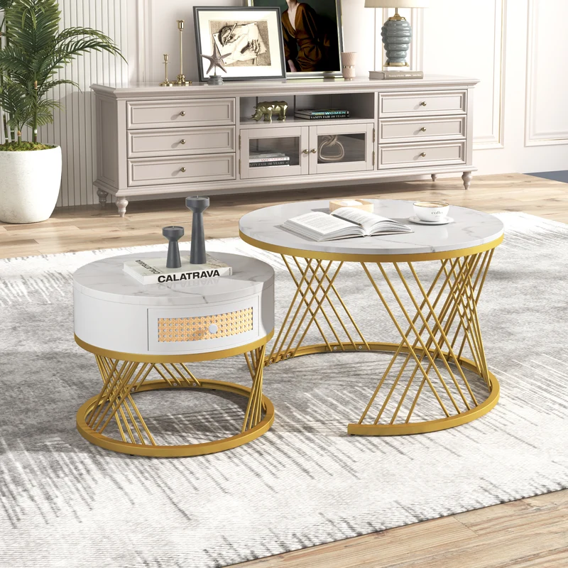 Ensemble de 2 tables basses gigognes rondes effet marbre blanc et rotin EGNIERS WHITE