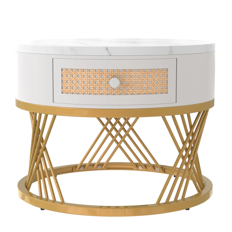 Ensemble de 2 tables basses gigognes rondes effet marbre blanc et rotin EGNIERS WHITE
