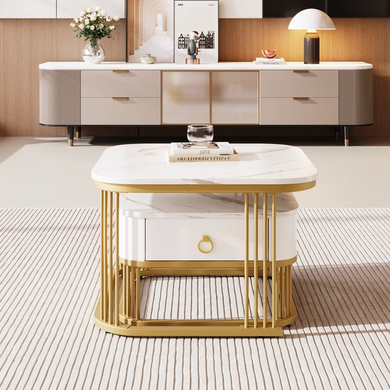 Ensemble de 2 tables basses gigognes carrées effet marbre blanc avec tiroir pieds dorés SHUGOK WHITE