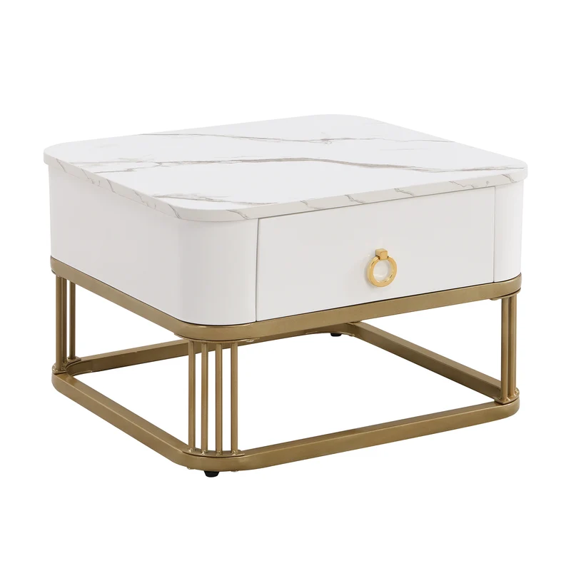 Ensemble de 2 tables basses gigognes carrées effet marbre blanc avec tiroir pieds dorés SHUGOK WHITE